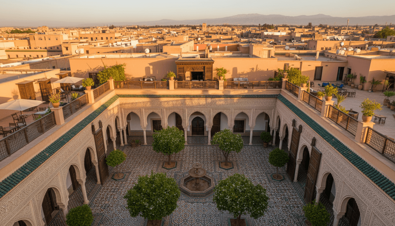 Luxurious architectural aesthetic featuring a stunning aerial perspective of a traditional Moroccan riad in Marrakech