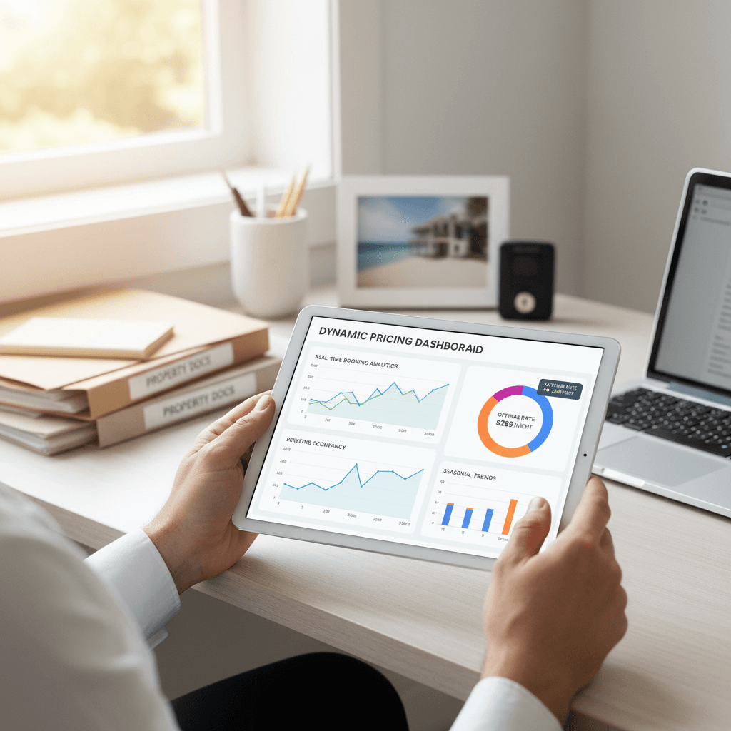 Property manager's hands displaying rental pricing dashboard on tablet in bright home office with natural light