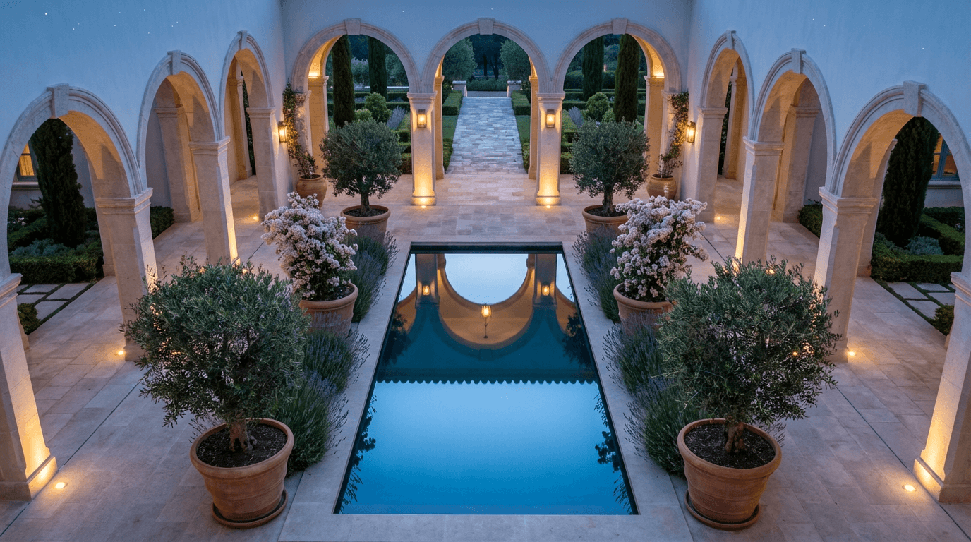 Villa de luxe au crépuscule avec piscine, palmiers et logo Targa Management avec clé.
