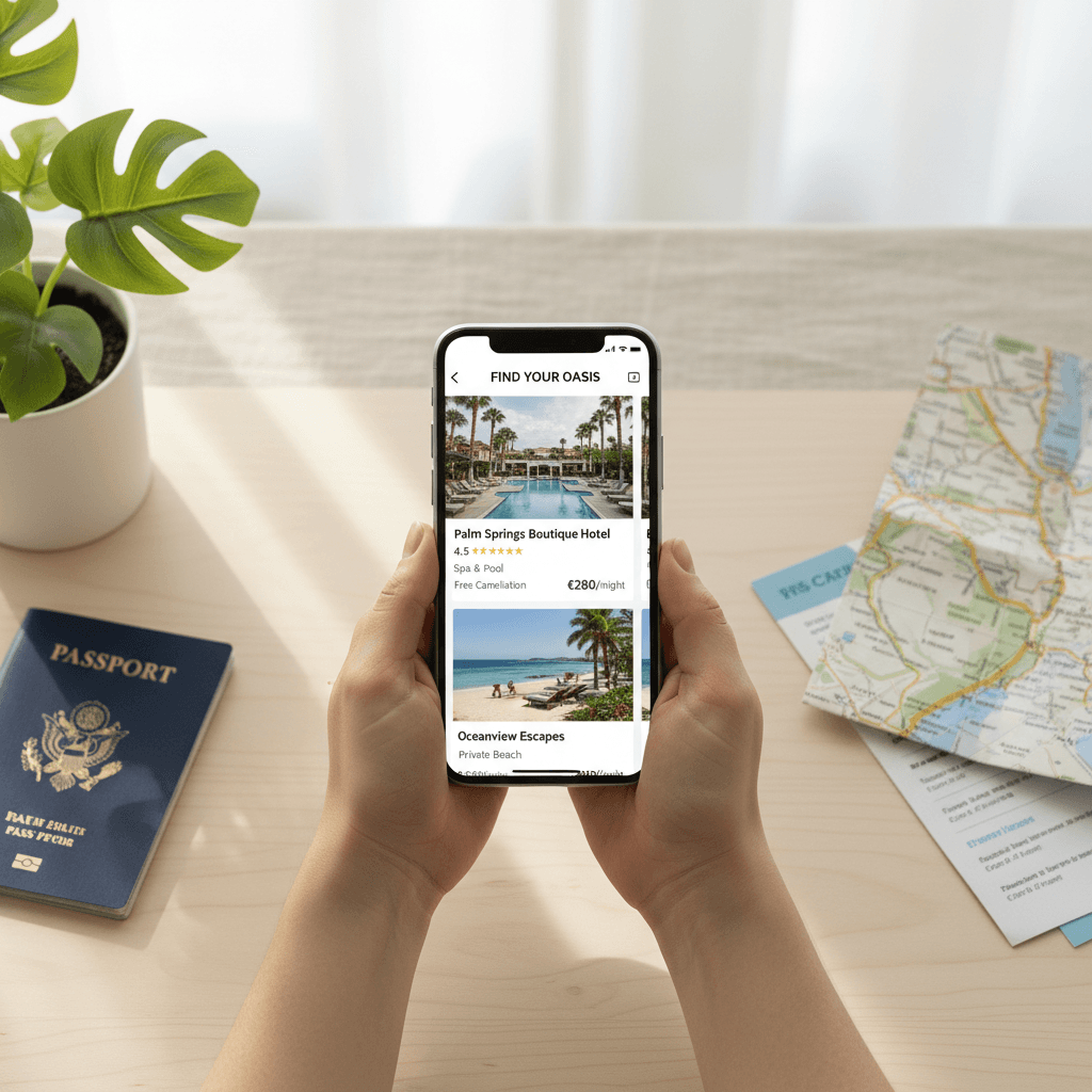 Traveler's hands holding smartphone displaying hotel booking app with property listings and amenities on bright desk with passport and plant