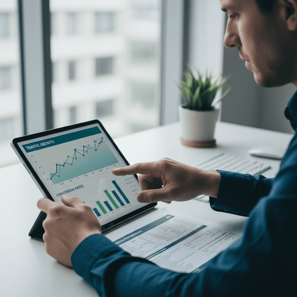 Marketing analyst reviewing performance metrics and analytics data, hand pointing to key results