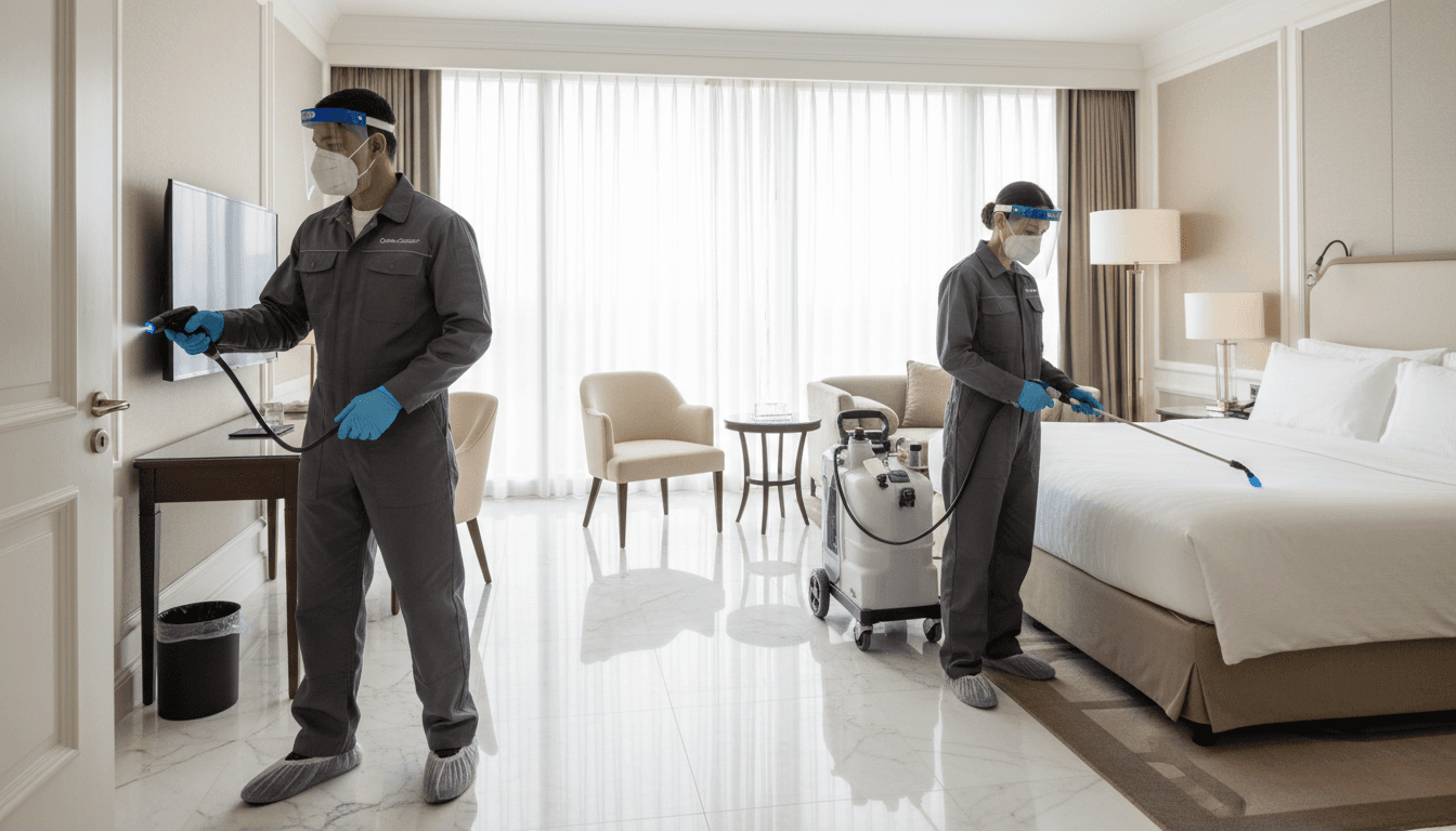 Professional sanitation team applying electrostatic disinfection treatment throughout upscale luxury hotel suite during daytime service