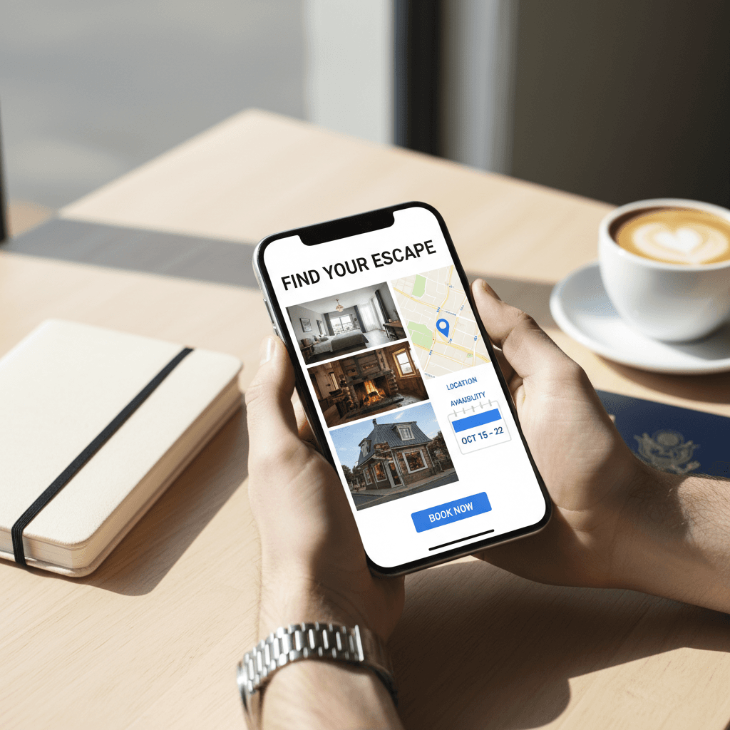 Traveler's hands holding smartphone displaying property listing with map and photos on café table