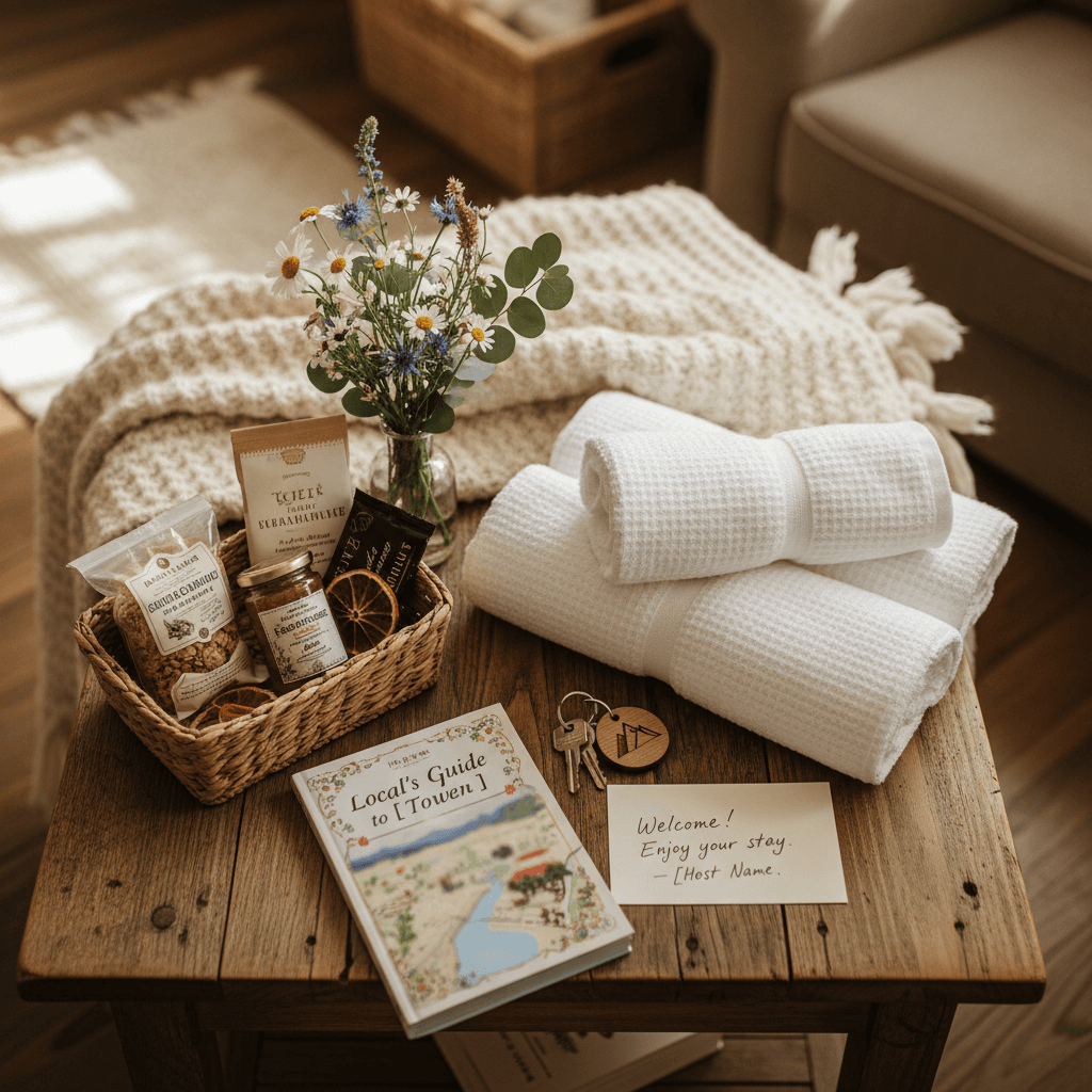 Overhead welcome setup with folded towels, welcome basket, fresh flowers, keys, and travel guide on wooden table