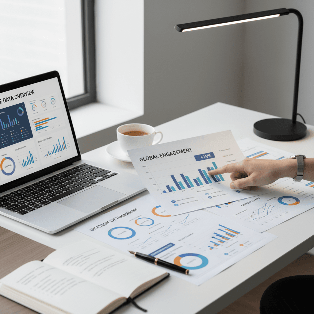 Close-up of analytics reports and laptop dashboard with strategist's hand pointing to performance metrics and charts