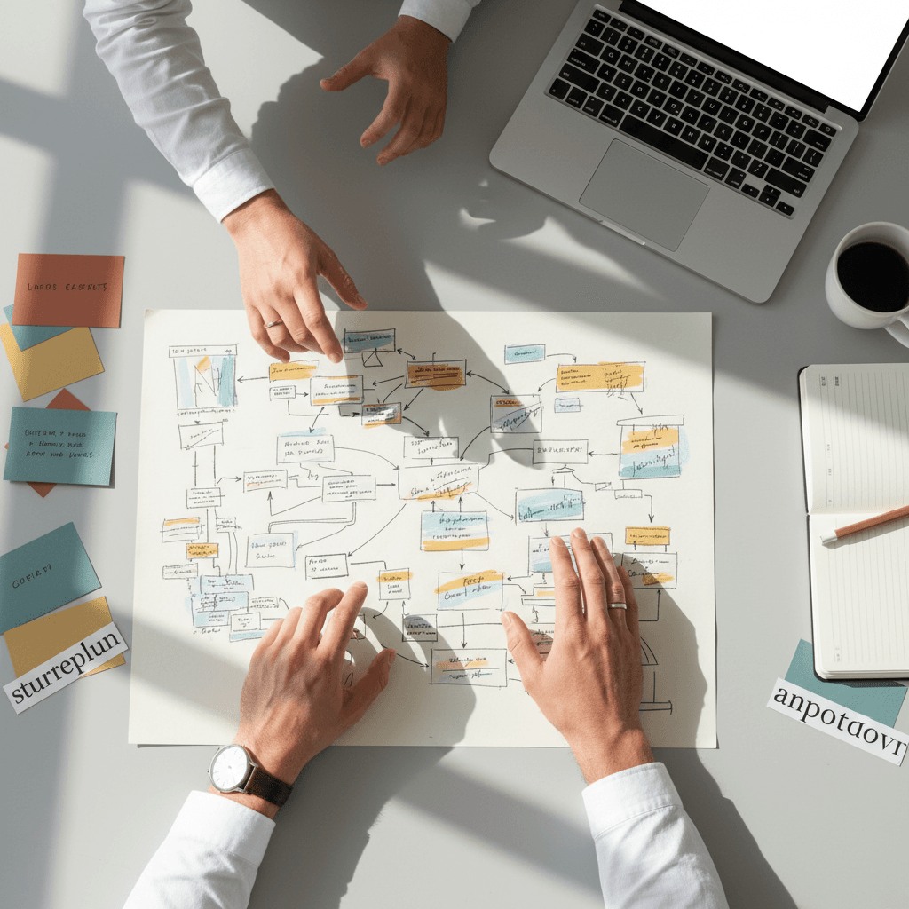Overhead view of hands collaborating over brand strategy sketches and positioning frameworks on a sunlit workspace table