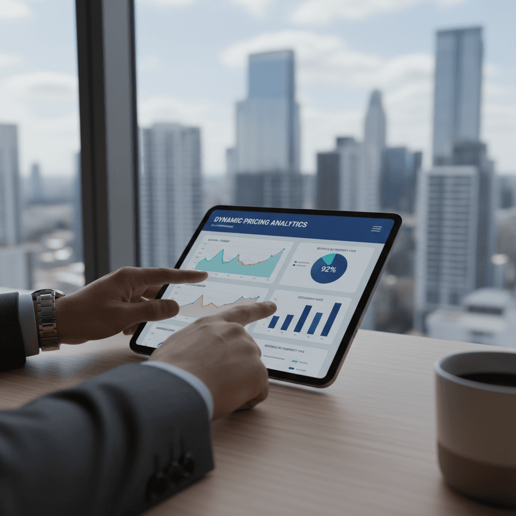 Property manager's hands holding tablet showing dynamic pricing analytics and revenue data